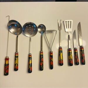 Vintage Khokhloma Kitchen Utencil Set 70's USSR Hand Painted Floral Kitchen
